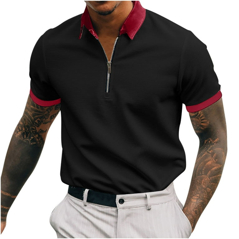 VBXOAE Polo Shirts for Men Zipper V Neck Turndown Slim Fit Short Sleeve Color Block Performance Pique Shirt Soft Tee