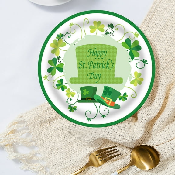 VBXOAE St. Patrick's Day Themed Disposable Paper Plates-16 Pack Shamrock and Hat Design,9x9 Inch Green Holiday Party Plates for Decorations and Gatherings,Green