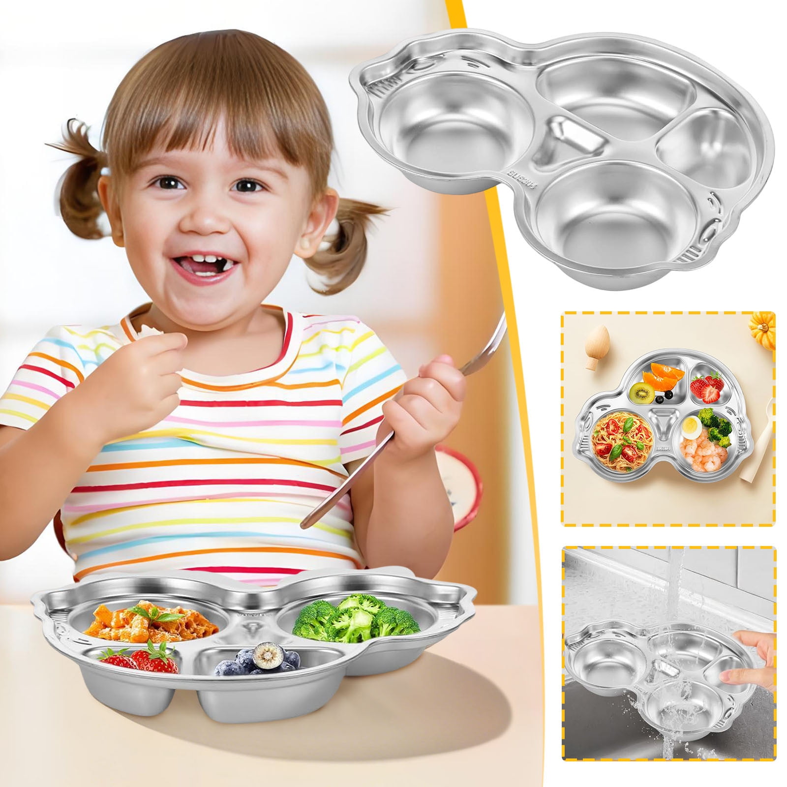ZEAYEA Stainless Steel Divided Plate - Fun Kids Meal Tray