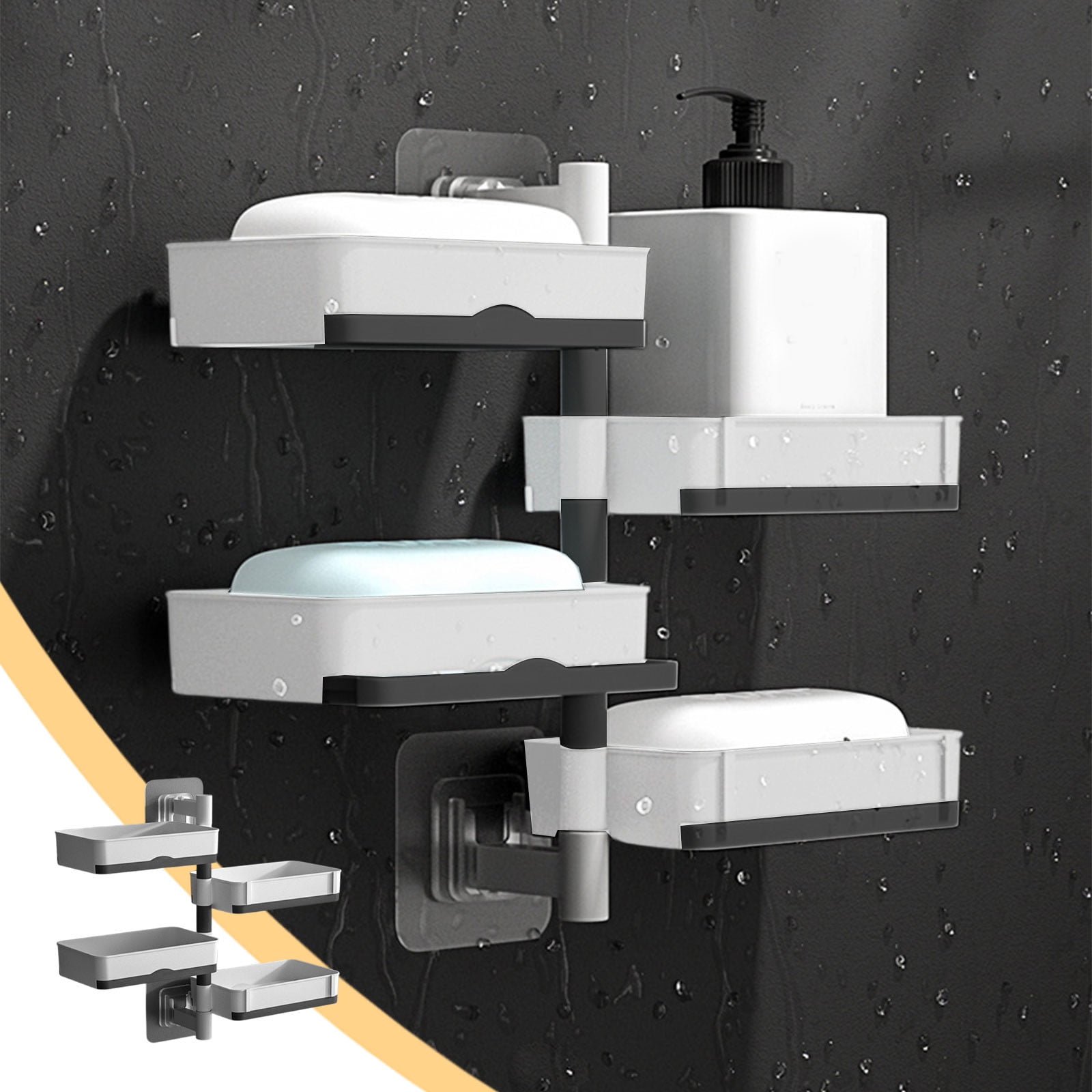 No-Drill Wall-Mounted Rotating Corner Shelf For Bathroom Sink, PP With Ventilated Drain Holes, White+Black/White+Gray