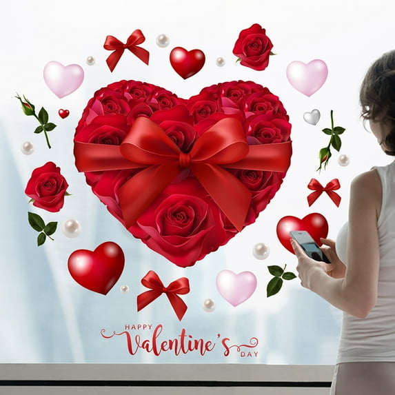 VBXOAE Watercolor Stripe Heart Window Clings,Double-Sided Valentine's Day Decals,Romantic Home Office School Decor,12x12in,Easy Apply & Reusable,1pc Pack