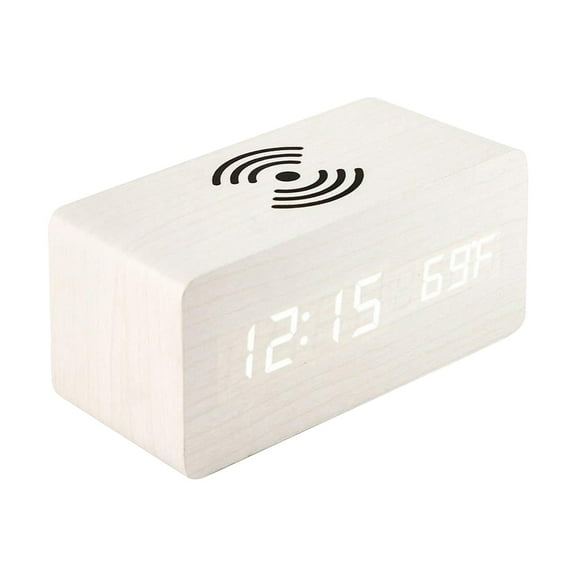 VBXOAE Wooden Digital Alarm Clock with Wireless Charging & Sound Control-LED Display,Temperature,12/24hr Mode,USB or Battery Powered,Bedside Desk Accessory White