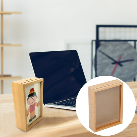 VBXOAE Wooden Multifunctional Savings Box 6" x 7" Shadow Frame with Coin Slot for Photos and Money Saving Ideal Home Decor Khaki