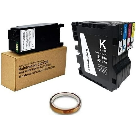 VC Sublimation Ink Cartridge Compatible for Virtuoso SG500 SG1000 (BK,C,M,Y 4-Pack cartridges with Upgrade Chips Version 3.3)+ 1 Maintenance Tank + 1 roll of Dye Sublimation Heat Resistance Tape