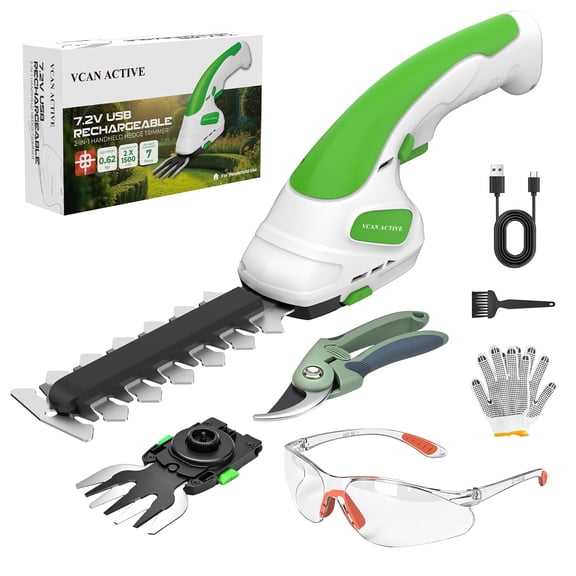 VCAN ACTIVE 2-in-1 Cordless Hedge Trimmer & Grass Shear, 7.2V Handheld Electric Shrub Trimmer, Lightweight Rechargeable with Type-C Cable, 2x 1.5Ah Batteries for Garden, Yard, Lawn