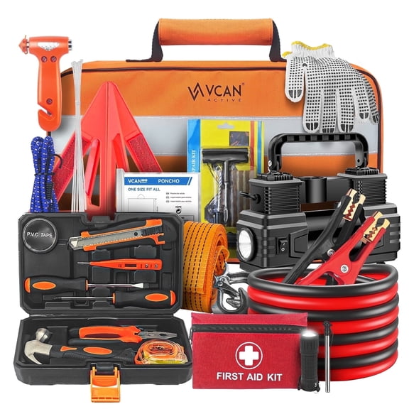 VCAN ACTIVE Car Emergency Kit with Portable Air Compressor, First Aid Kit, Jumper Cables & Roadside Safety Tools for Women, Men, Teens
