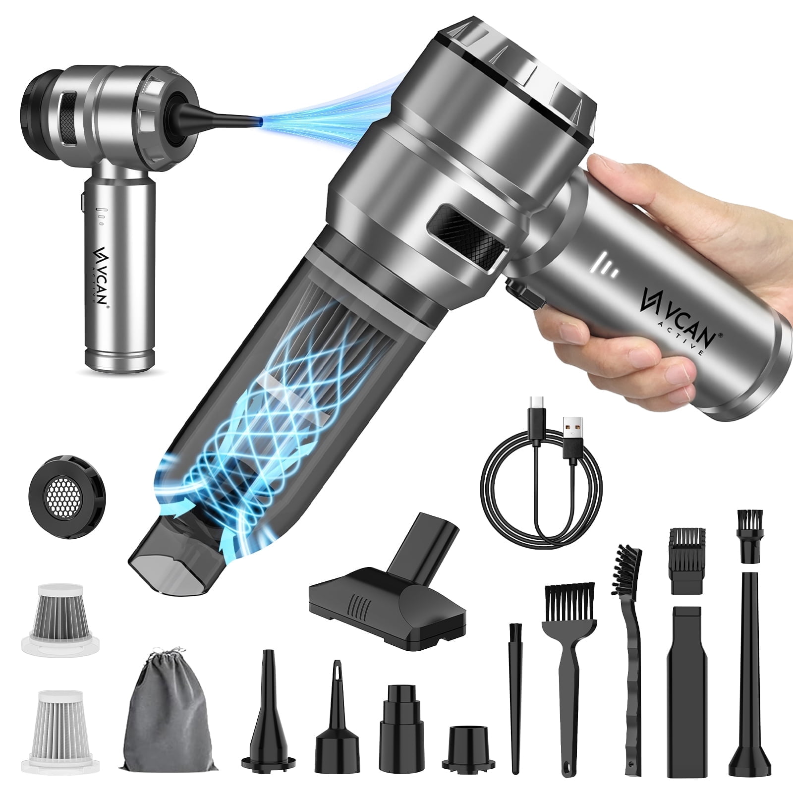 VCAN ACTIVE Car Vacuum Cleaner, High Power 18000PA, 40 Mins Runtime, Mini 4-in-1 (Compressed Air Duster, Blower, Pump) Handheld Cordless with Brushless Motor for Car, Home, Office