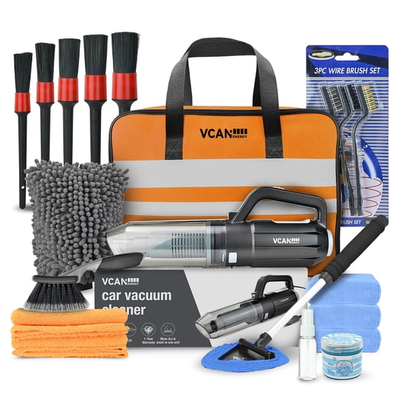 VCANENERGY Car Cleaning Kit with 10000PA Portable Car Vacuum Cleaner, Detailing Brushes, Wheel Brush, Windshield Cleaner, Complete Auto Cleaning Accessories