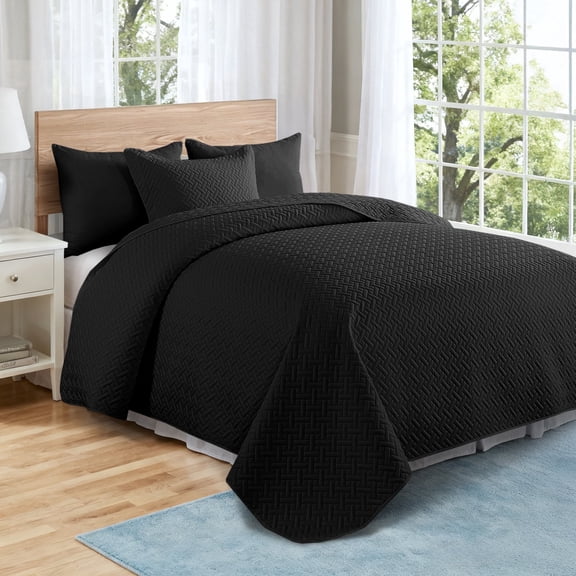 VCCOEM Quilt Set Full/Queen Size Lightweight Bedspreads, All Season Coverlet, 3 Piece (1 Quilt, 2 Pillow Shams), Woven Pattern, Black