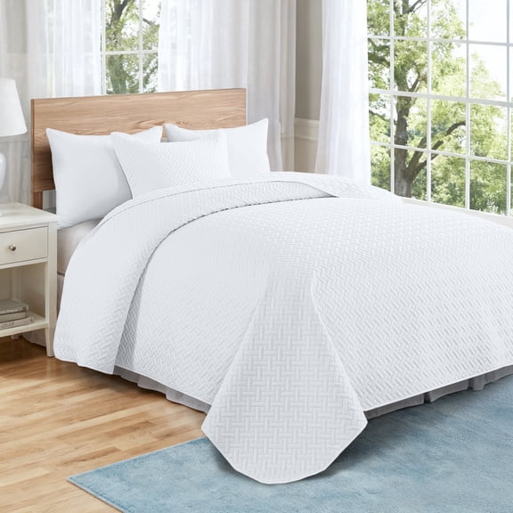 VCCOEM Quilt Set Full/Queen Size Lightweight Bedspreads, All Season Coverlet, 3 Piece (1 Quilt, 2 Pillow Shams), Woven Pattern, White