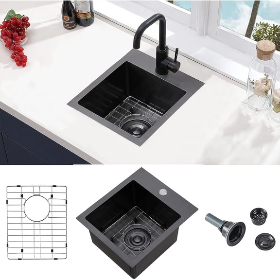 VCCUCINE Gunmetal Black Bar Sink Drop in, 13x15 Inch Topmount RV Small Kitchen Sink, Handmade Stainless Steel Wet Bar Sink, Outdoor Single Bowl Prep Sink with Dish Grid & Drain