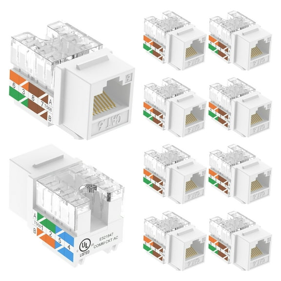 VCELINK 10-Pack RJ45 Cat6 Keystone Jacks, Slim Profile, 90-Degree, UL-Listed, White Ethernet Adapter