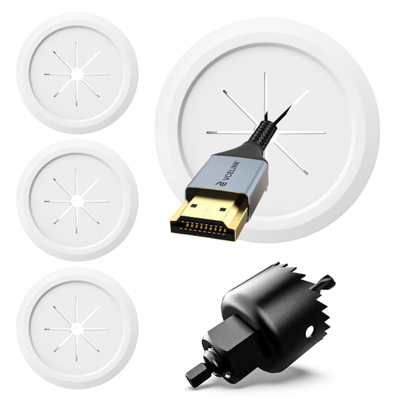VCELINK 2.36" Mini White Cable Management Kit for Wall-Mounted TV Includes Push-Through Cord Pass-Through (4 Pack) & Hole Saw Drill | Wire Hider Solution for TVs, Speakers, Desks