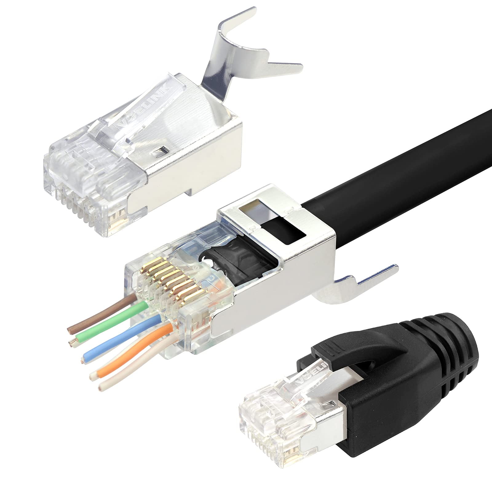 VCELINK Cat7/6A RJ45 Shielded Gold Plated Pass Through Connectors 30Pack with Strain Relief