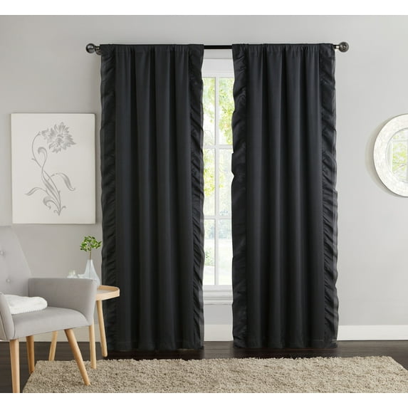 VCNY Home Amber 2-Piece Black Solid Color Ruffle Rod Pocket Blackout Curtain Set, 40" x 84"
