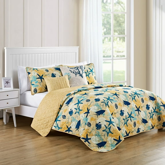 VCNY Home Aquatic 5-Piece Blue Coastal Polyester Reversible Quilt Set, King