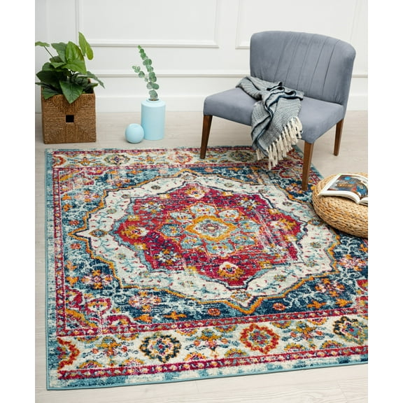 VCNY Home Aurora Distressed Medallion Low Pile Indoor Area Rug, Fuchsia, 5' x 7'