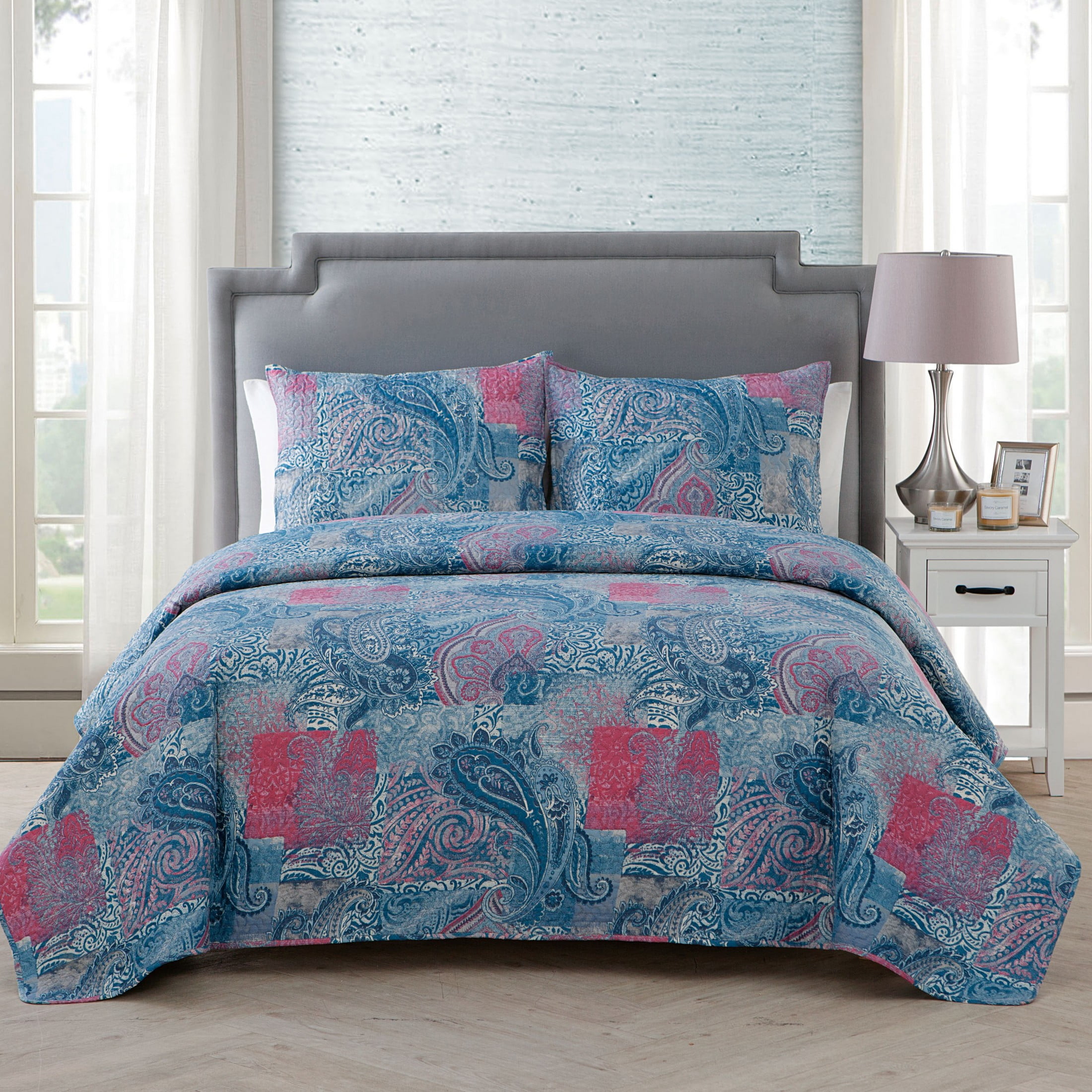 Full Pink and Blue Microfiber Reversible Quilt Set