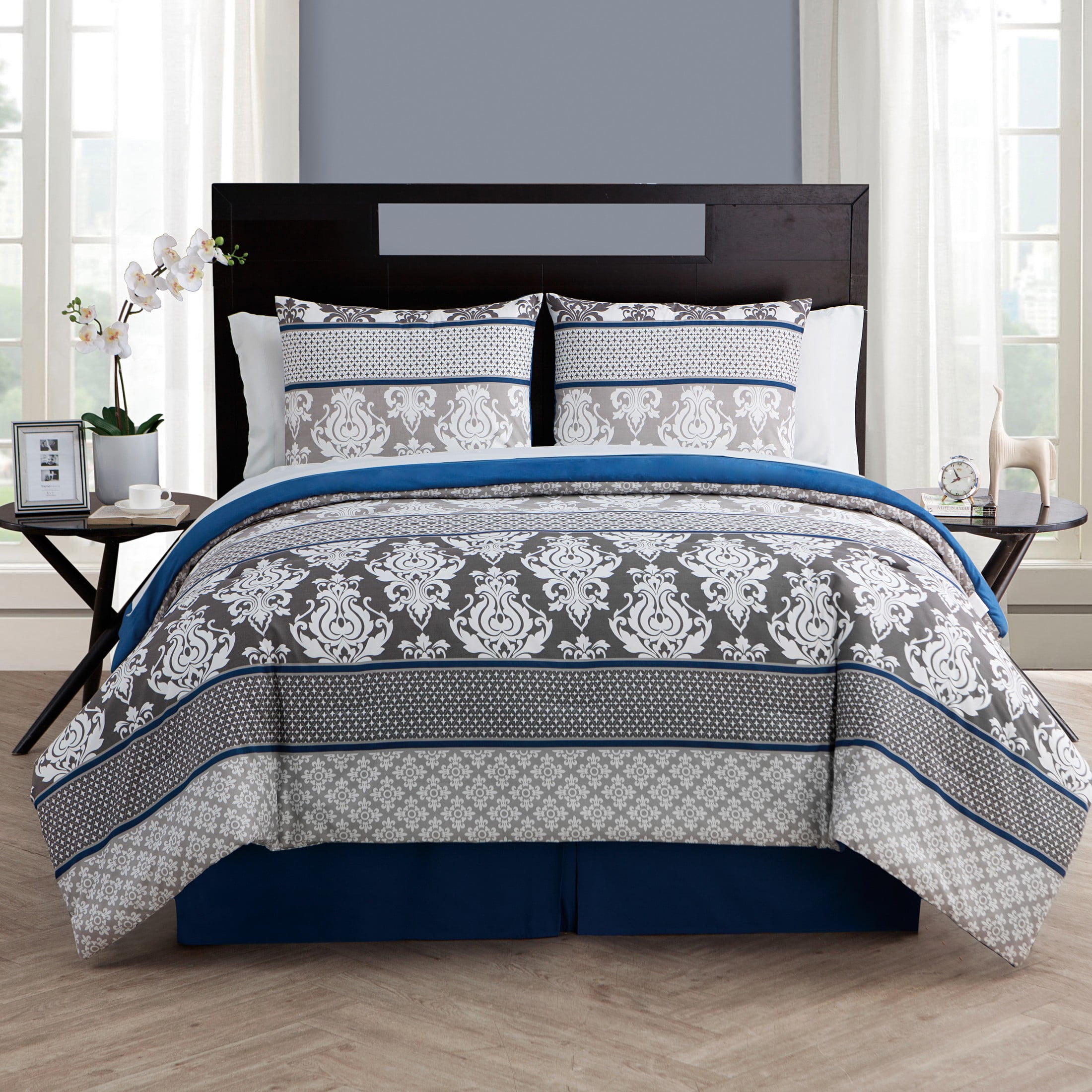 Full Blue Damask Microfiber Bed in a Bag Set