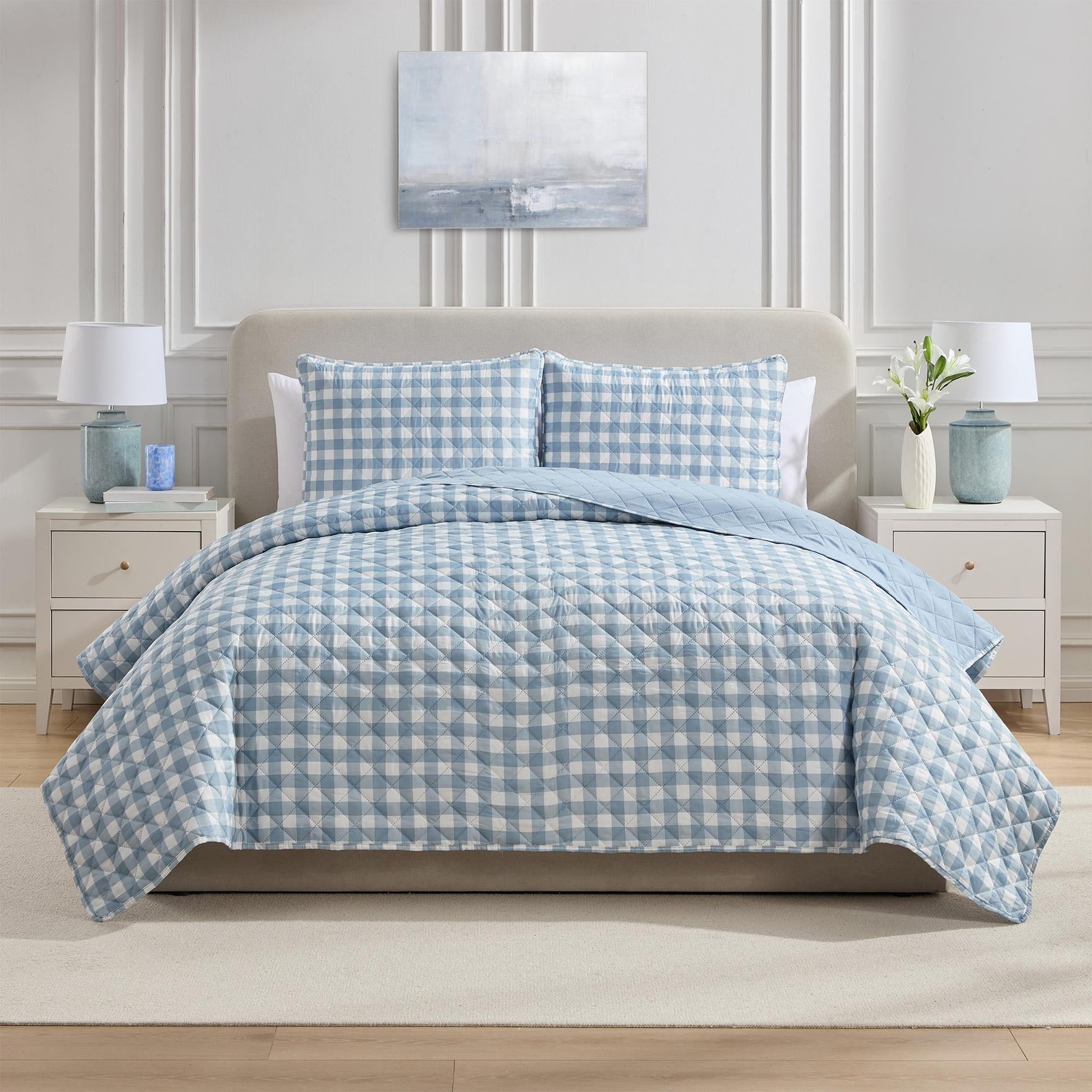 VCNY Home Blue Gingham 3-Piece Adult Microfiber Quilt Set, King