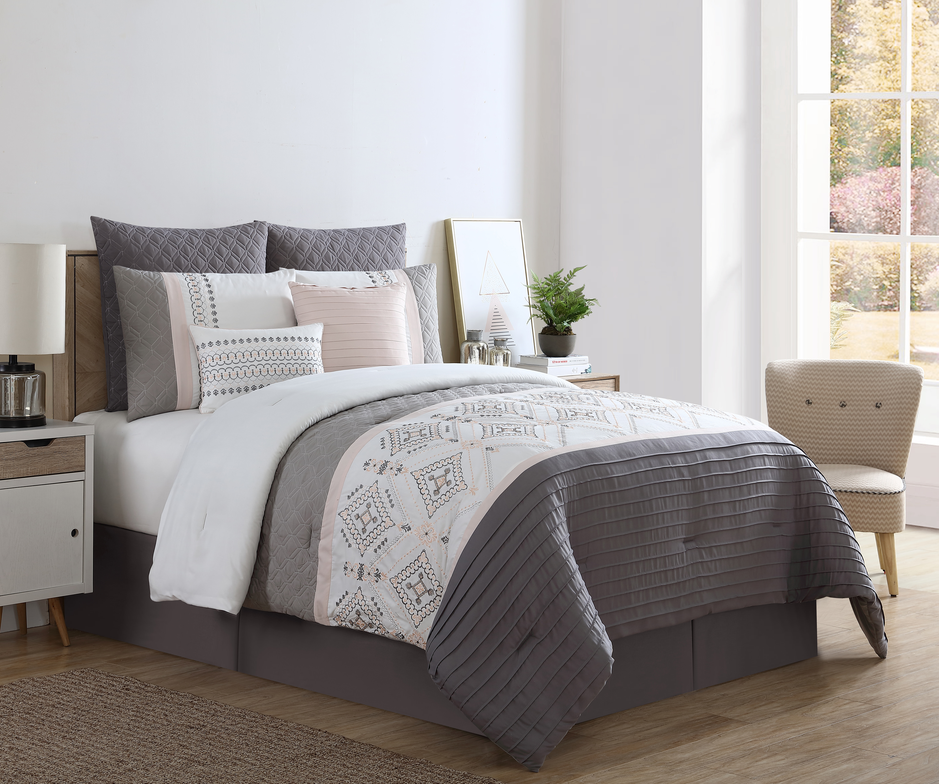 VCNY Home Blush Grey Phillip 8 Piece Pieced Embossed Bedding Comforter