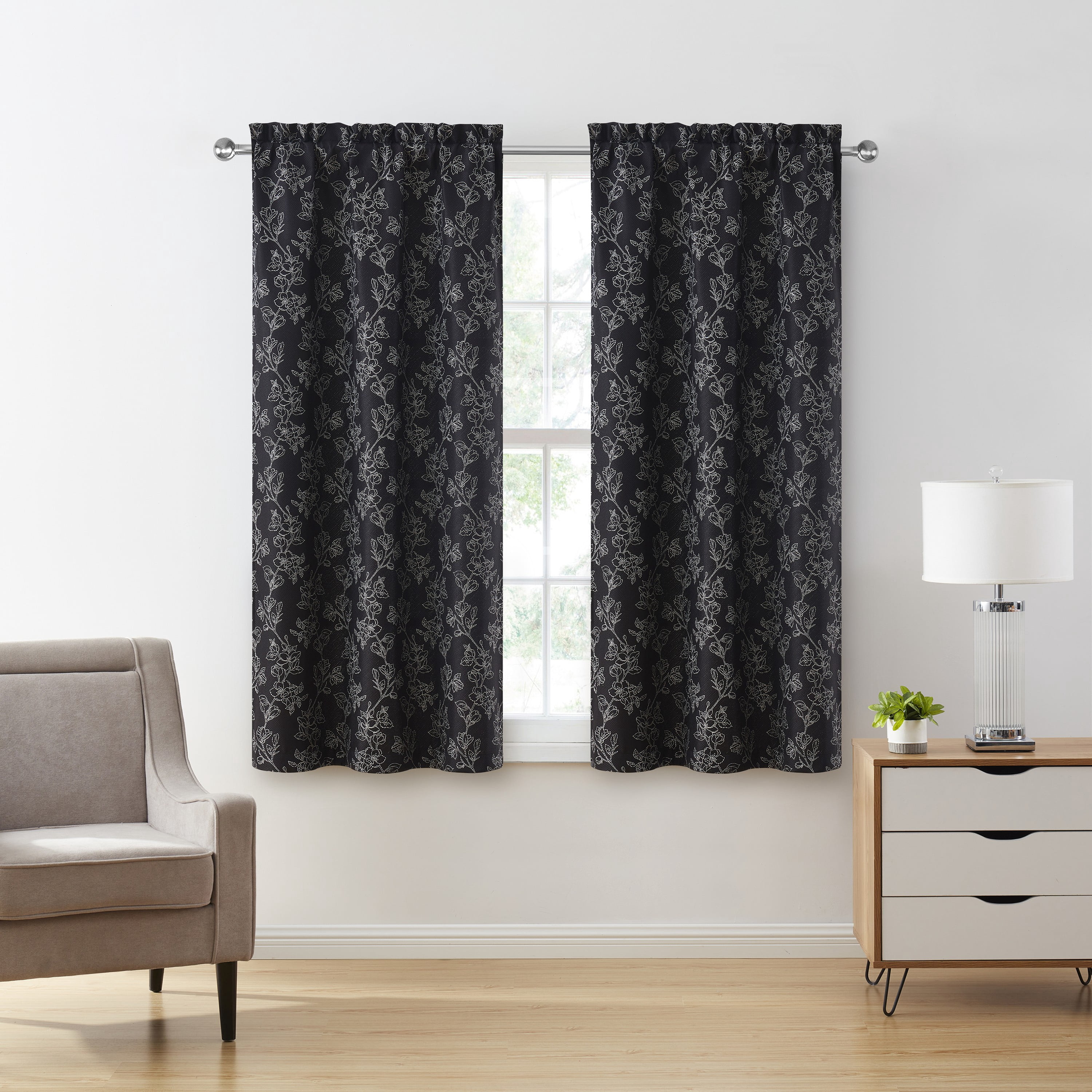 VCNY Home Carmen 2-Piece Black Floral Rod Pocket Light-Filtering Curtain Panel Set, 38" x 63"