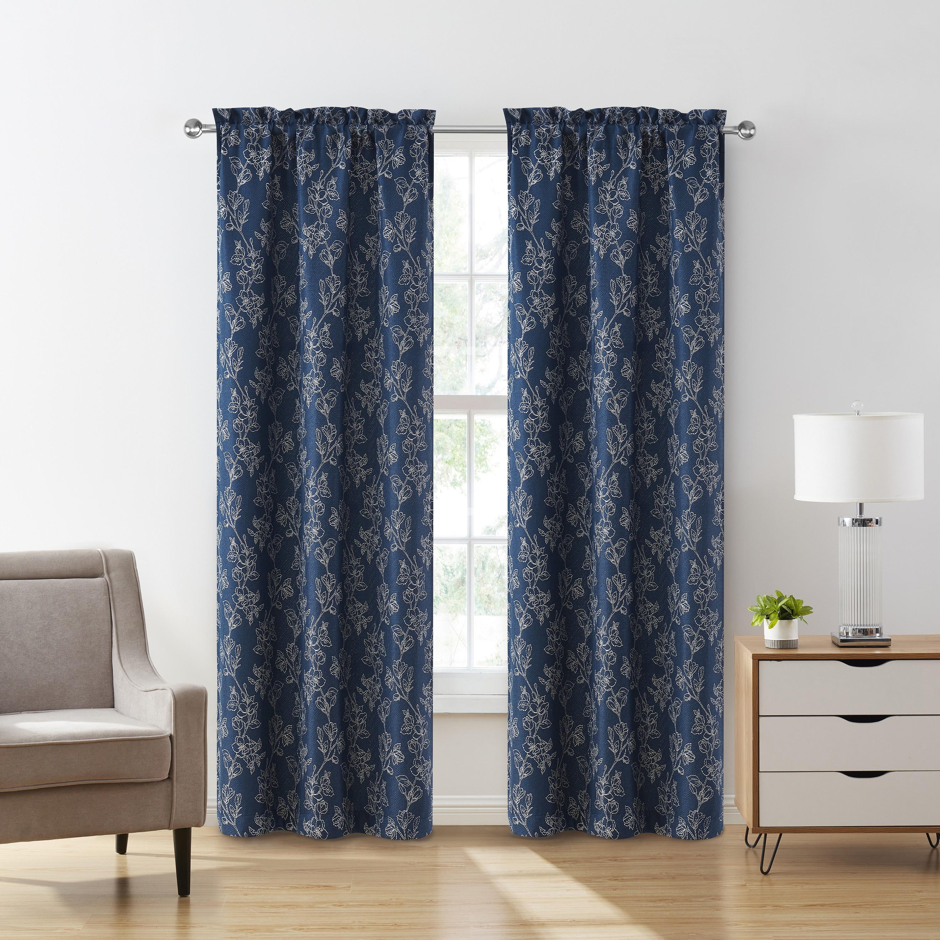 VCNY Home Carmen Navy Blue Floral Rod Pocket Blackout Curtain Panel, 52" x 90"