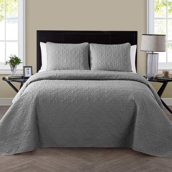 VCNY Home Caroline 3-Piece Grey Floral Quilt Set, King, Adult, Unisex