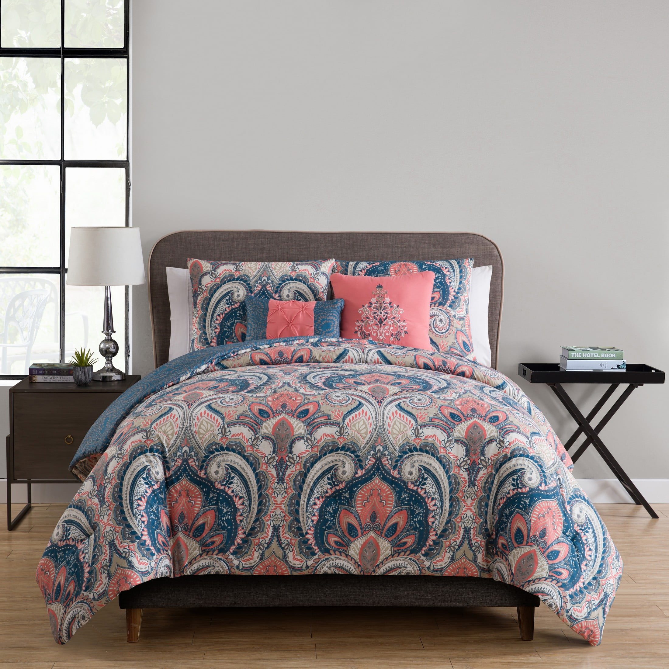 Full Coral Microfiber Reversible Comforter Set with Decorative Pillows
