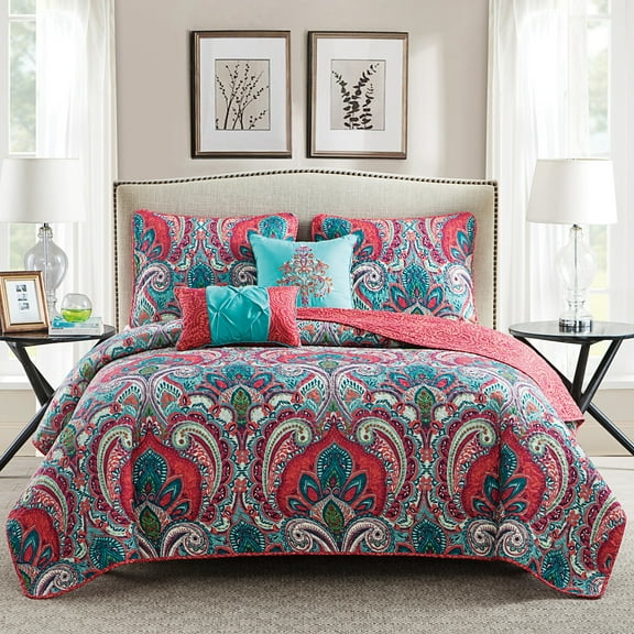 VCNY Home Casa Real 5-Piece Multicolor Damask Reversible Quilt Set, Full/Queen, Adult, Unisex