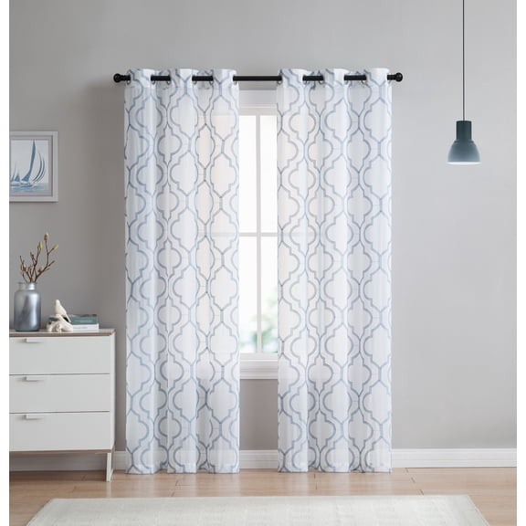 VCNY Home Charlotte Blue Geometric Trellis Grommet Top Sheer Curtains, 38 x 96 (2 Panels)