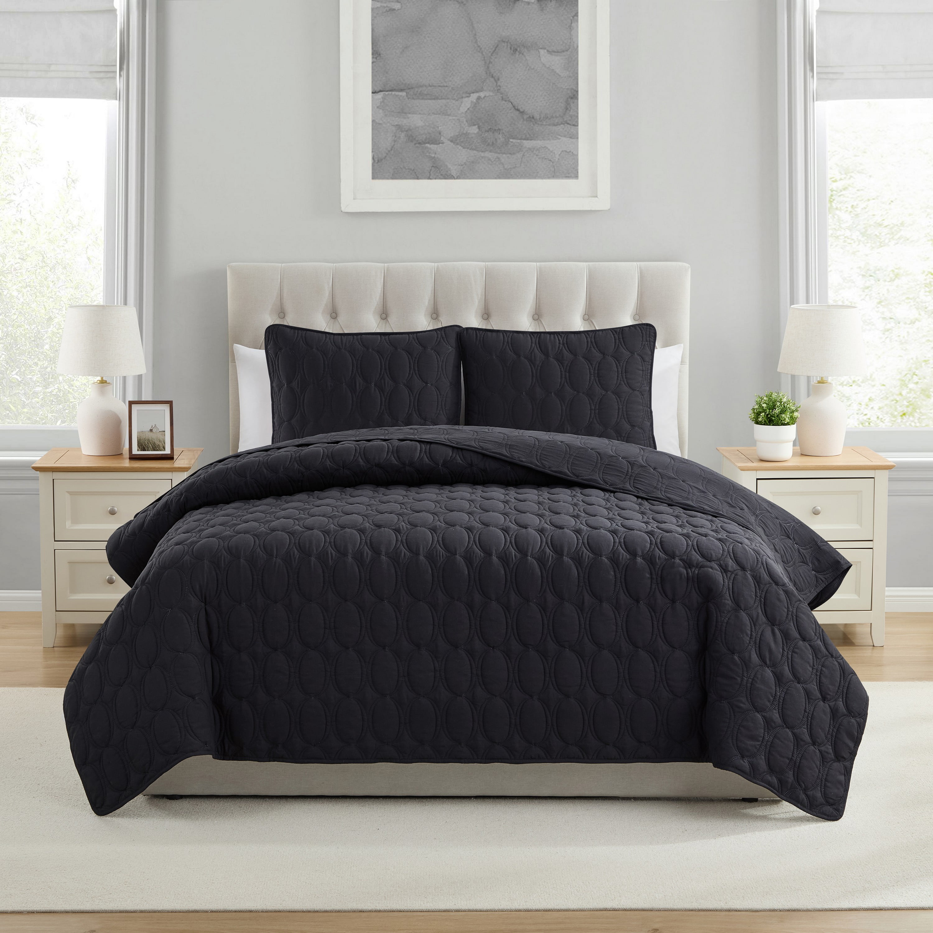 VCNY Home Circles 3-Piece Black Geometric Pinsonic Quilt Set, Full/Queen, Adult, Unisex