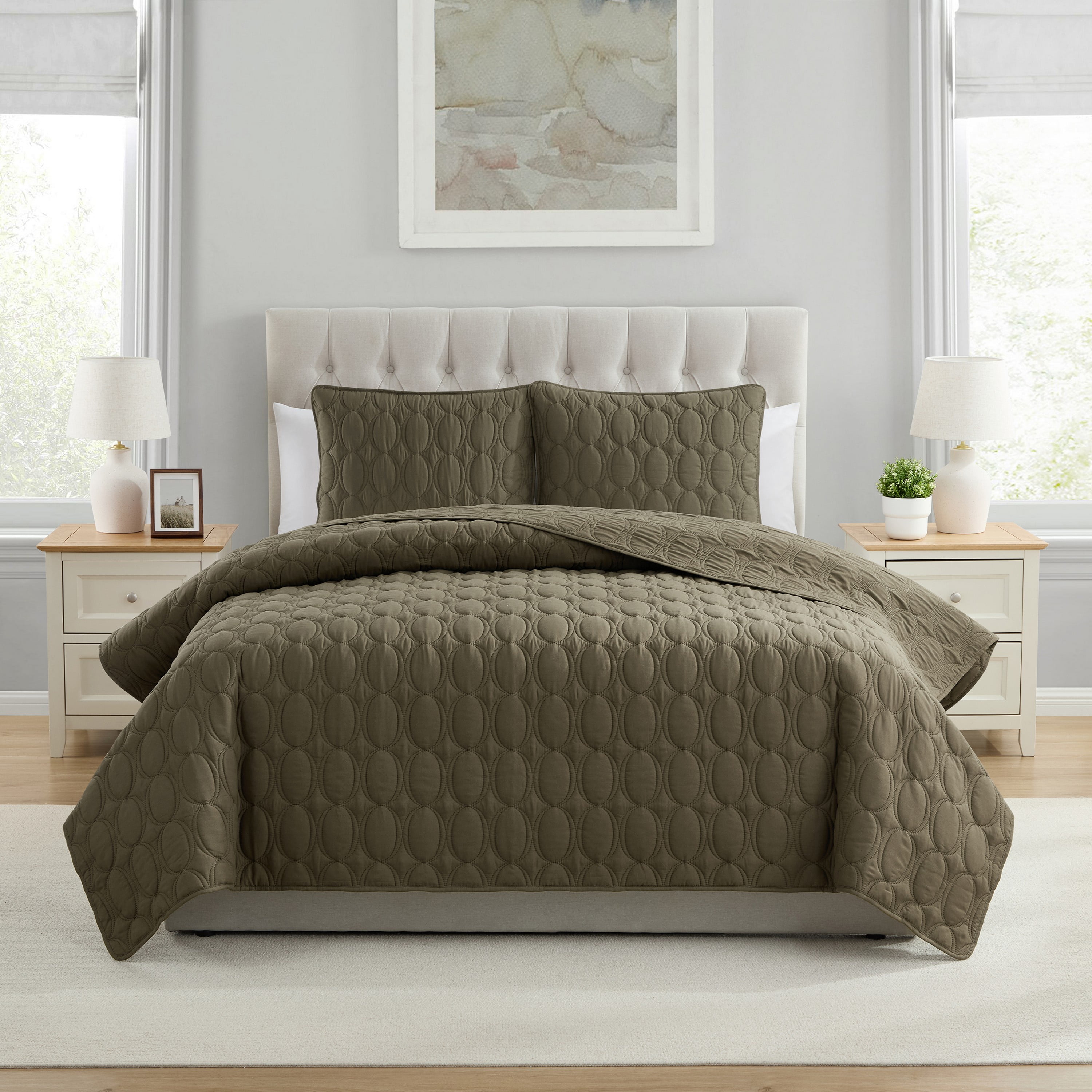 VCNY Home Circles 3-Piece Olive Geometric Pinsonic Quilt Set, King, Adult, Unisex