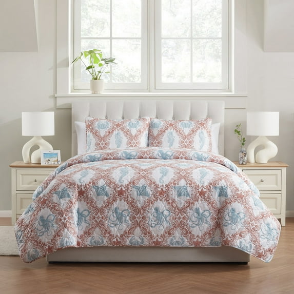 VCNY Home Coastal 3-Piece Coral/Seafoam Green Sealife Quilt Set, King, Adult, Unisex