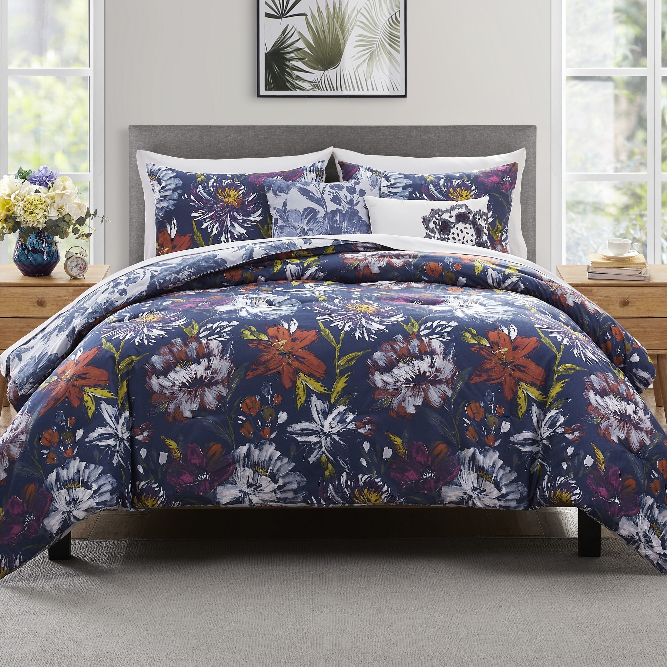 King Size Reversible Blue Floral Microfiber Comforter Set