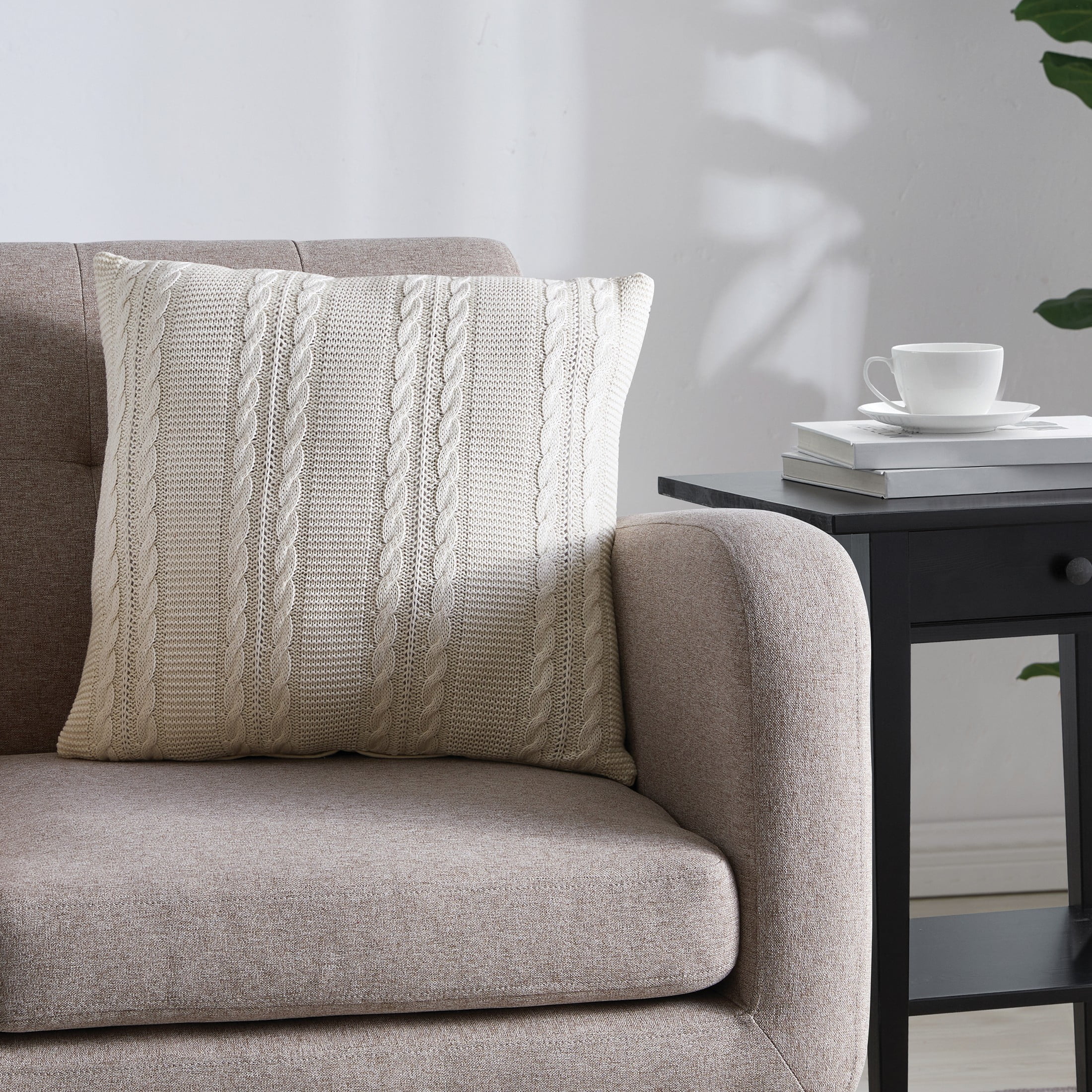 Ivory Cable Knit Cotton Square Throw Pillow 18" x 18"