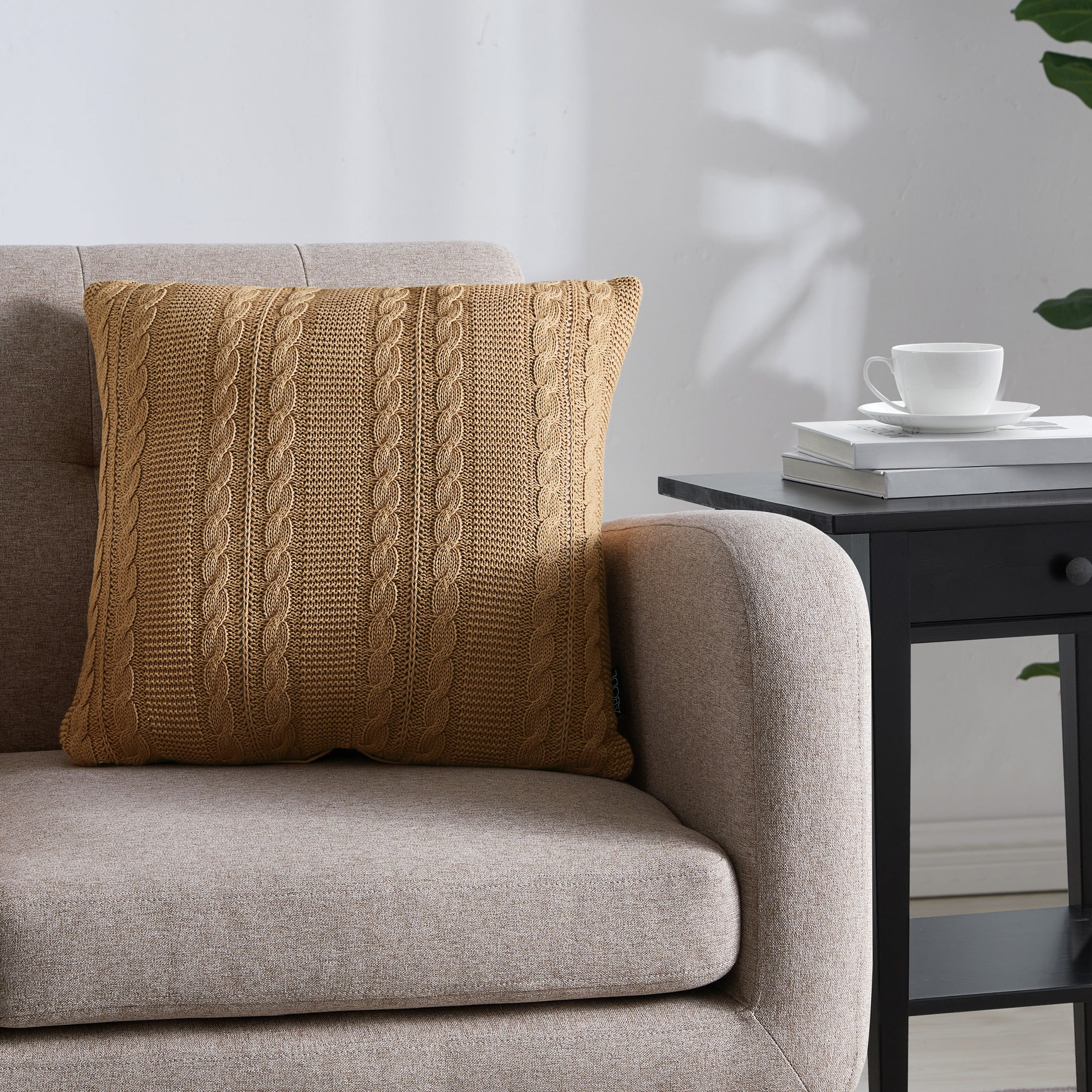 Taupe 18" Square Cotton Cable Knit Decorative Pillow