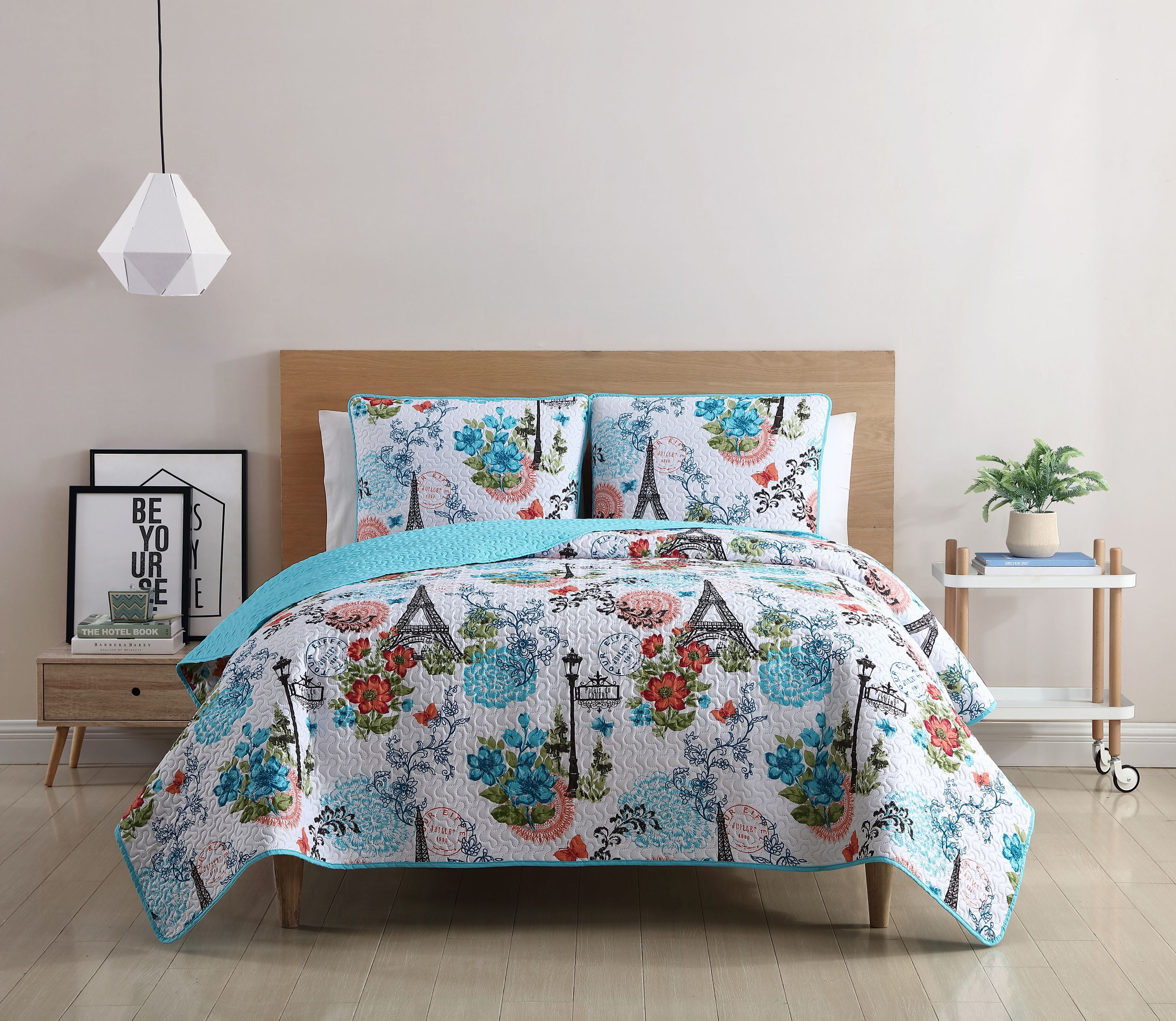 Eiffel Blue Reversible Microfiber King Quilt Set