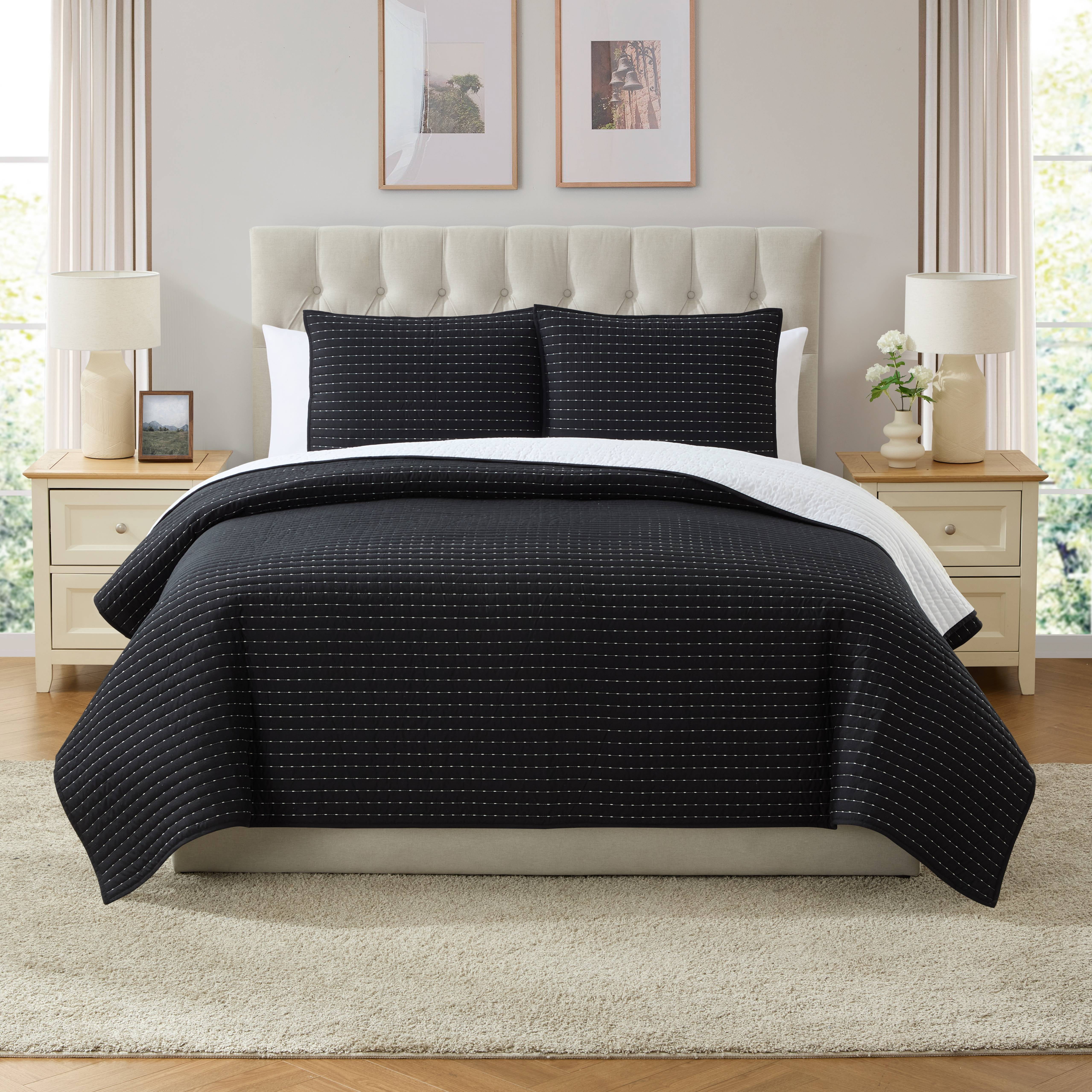 VCNY Home Embroidered 3-Piece Blue Pick Stitch Microfiber Quilt