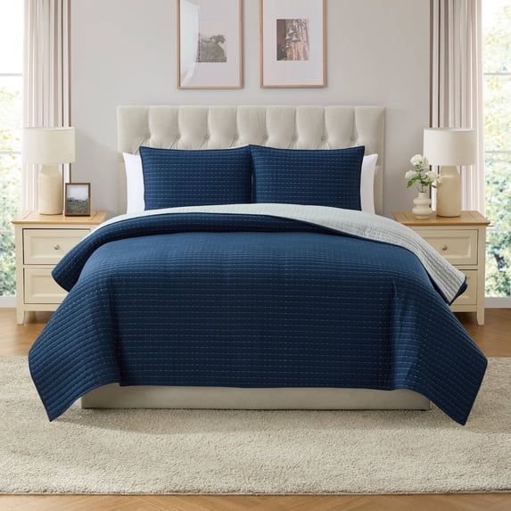 VCNY Home Embroidered 3-Piece Blue Pick Stitch Microfiber Quilt Set, Full/Queen