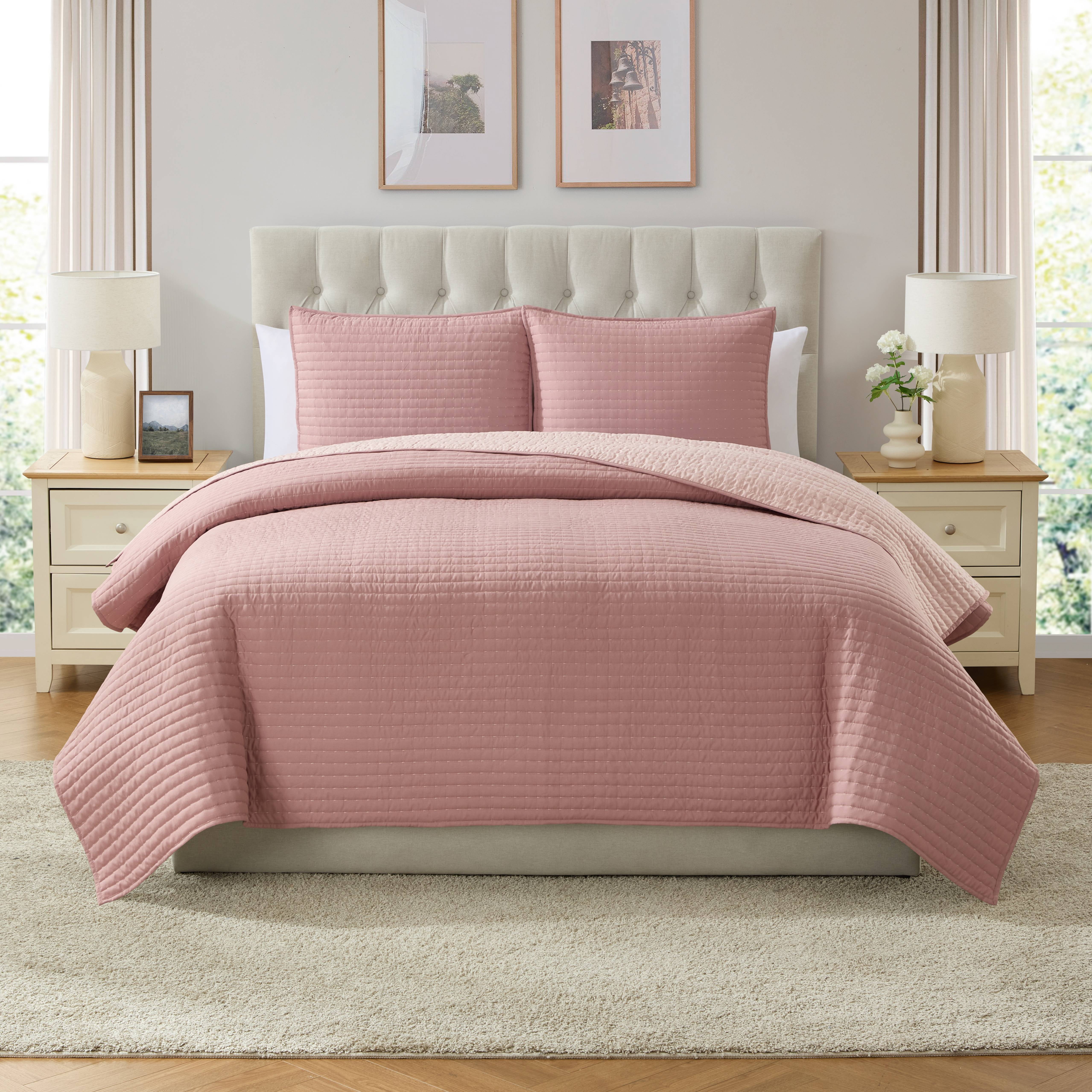 VCNY Home Embroidered 3-Piece Rose Pick Stitch Microfiber Quilt Set, King