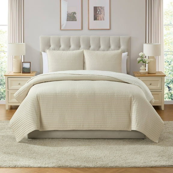 VCNY Home Embroidered 3-Piece Taupe Pick Stitch Microfiber Quilt Set, King
