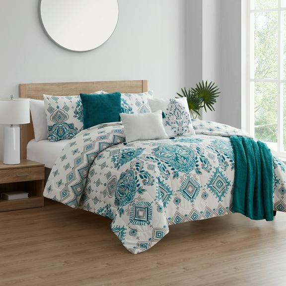 VCNY Home Evergreen 7-Piece Teal Damask Reversible Comforter Set, King, Adult, Unisex