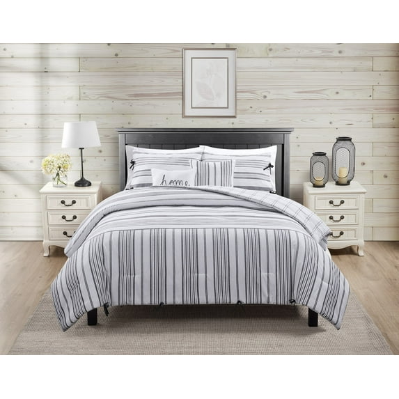 VCNY Home Farmhouse 5-Piece White/Grey Striped Reversible Comforter Set, Full/Queen