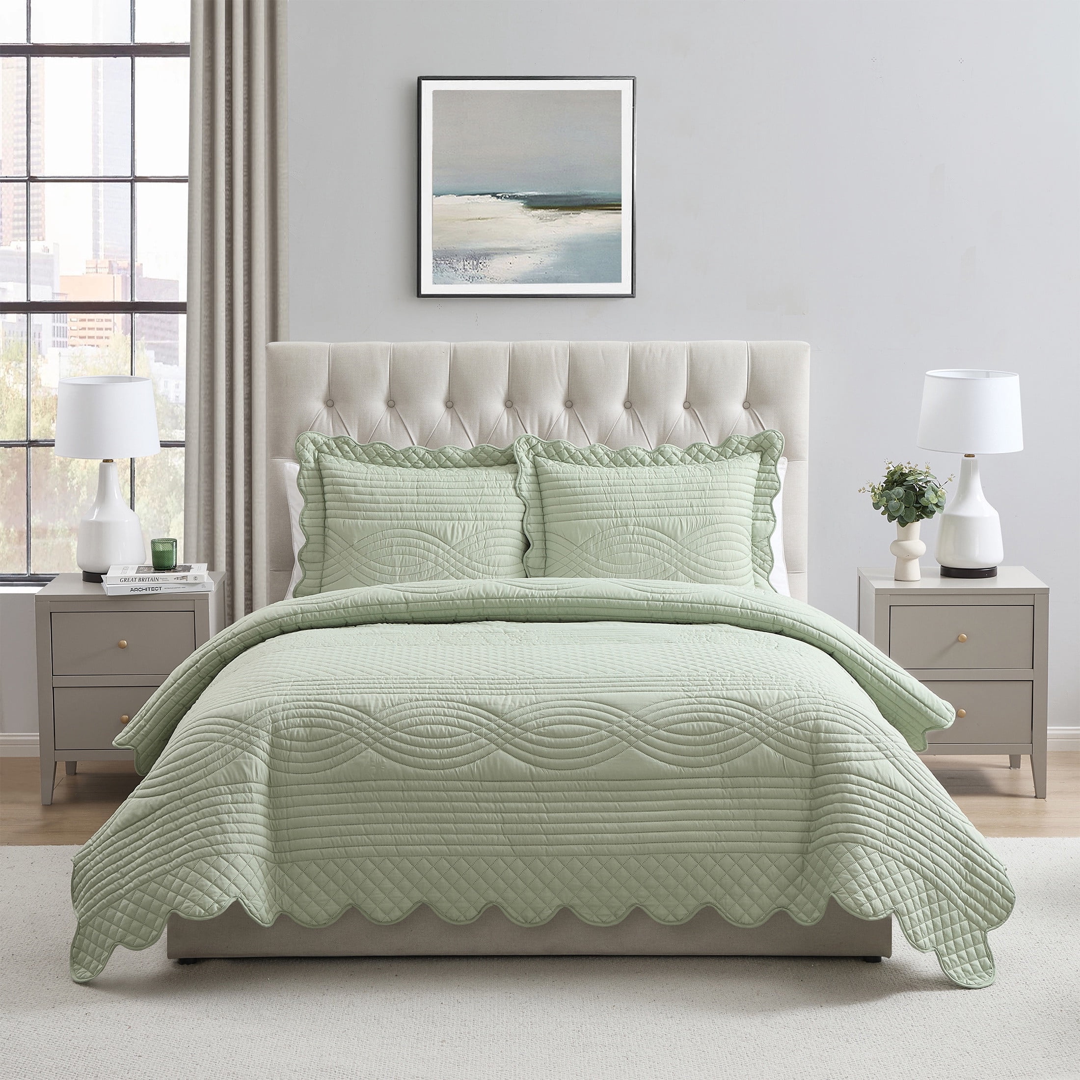 VCNY Home Green Scallop 2-Piece Adult Microfiber Quilt Set, Twin