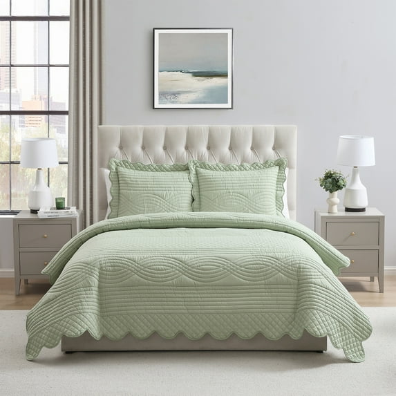 VCNY Home Green Scallop 3-Piece Adult Microfiber Quilt Set, Full/Queen