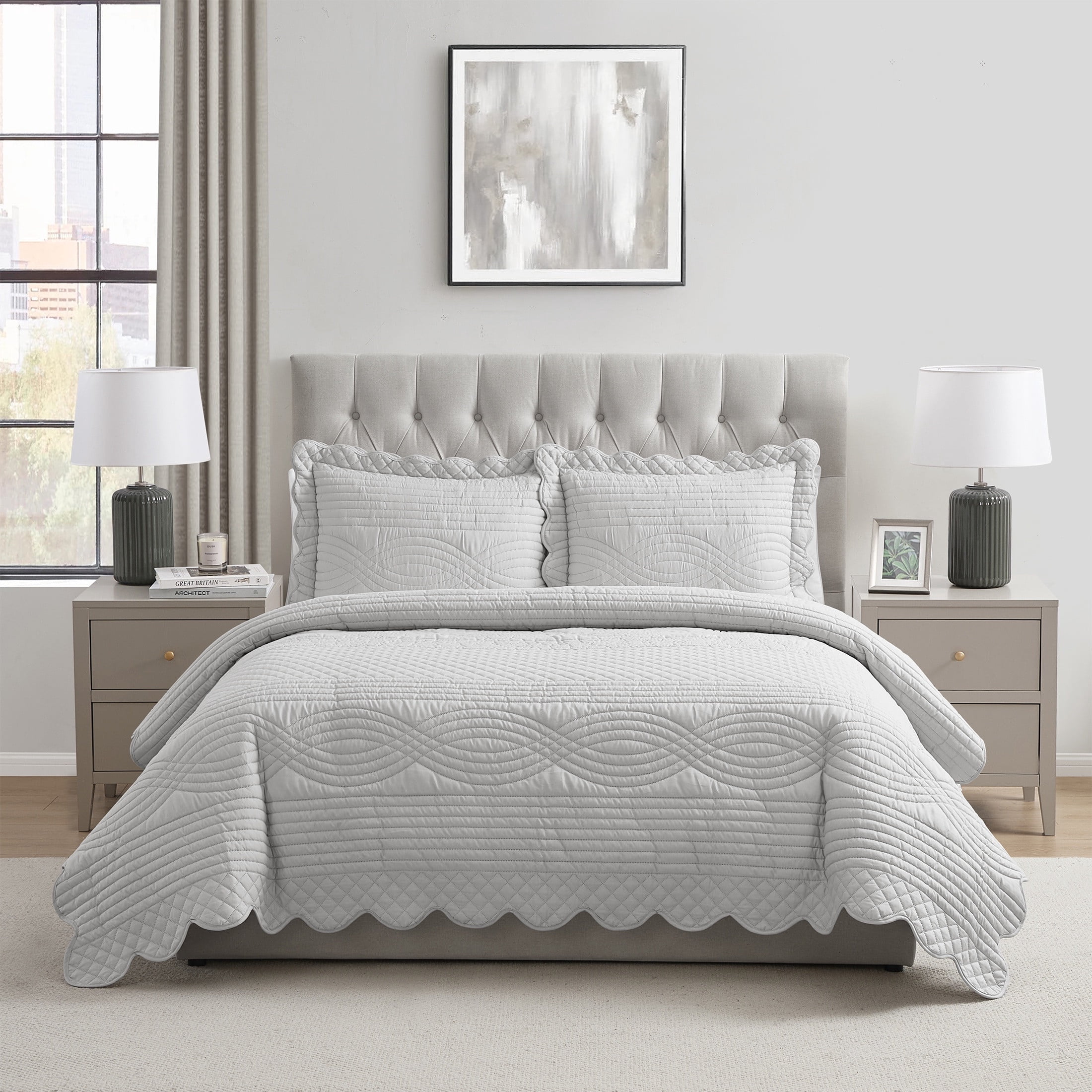 VCNY Home Grey Scallop 3-Piece Adult Microfiber Quilt Set, Full/Queen
