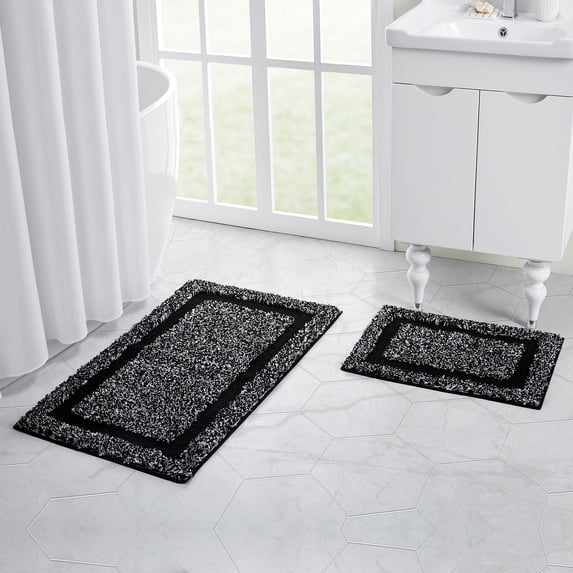 VCNY Home Heathered Hotel 2-Piece Microfiber Bath Rug Set, Black/White