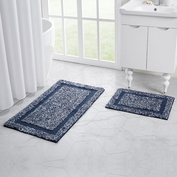 VCNY Home Heathered Hotel 2-Piece Microfiber Bath Rug Set, Navy/White