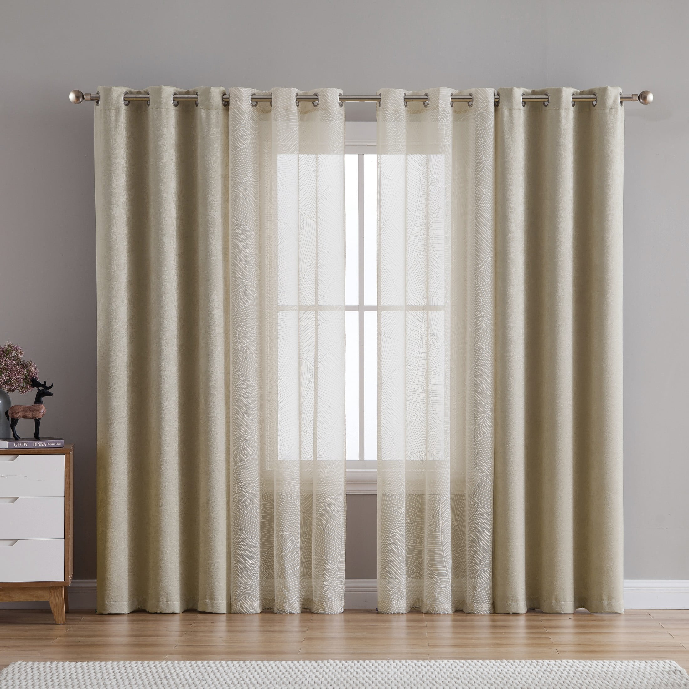 VCNY Home Hudson 4-Piece Leaf Blackout Sheer Curtain Panel Set, Taupe, 38" x 84"